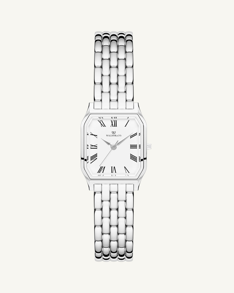 A square womens watch in Rhodium-plated 316L stainless steel from Waldor & Co. with white Diamond Cut Sapphire Crystal glass dial. Seiko movement. The model is Eternal 22 Bellagio.